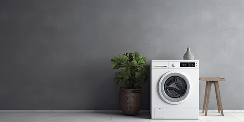 Modern washing machine in room with blank wall, 3d rendering, space for text. Minimalist home. Laundry concept. Generative AI