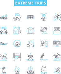 Extreme trips vector line icons set. Adventures, Thrills, Extremities, Expeditions, Explorations, Escapades, Pioneering illustration outline concept symbols and signs
