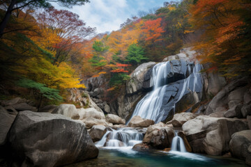 Obraz premium The beautiful scenery of the two-stage waterfall in Bangtae Mountain, Gangwon-do, South Korea in autumn.