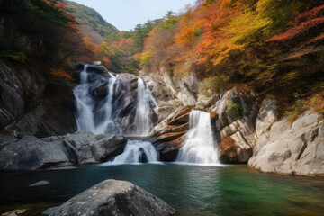 The beautiful scenery of the two-stage waterfall in Bangtae Mountain, Gangwon-do, South Korea in autumn.