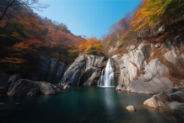 Fototapeta na wymiar The beautiful scenery of the two-stage waterfall in Bangtae Mountain, Gangwon-do, South Korea in autumn.