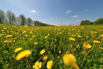 Fototapeta premium Field full of dandelions under blue sky.