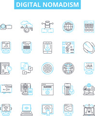 Digital nomadism vector line icons set. Remote, Working, Digital, Lifestyle, Locations, Flexible, Travel illustration outline concept symbols and signs