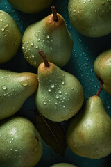 Fototapeta na wymiar Fresh pears seamless background with sparkling water drops.