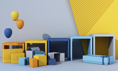 3d rendering realistic primitives composition. geometric shapes in motion on background. Abstract theme for trendy designs. Spheres, torus, tubes, yellow blue and gray tone.