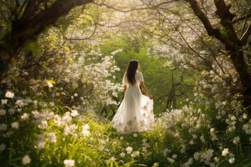 lade in a magical forest on a sunny day,A beautiful modern Chinese girl, back view, long hair, pure white skirt, spring flowers blooming.