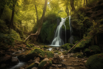 Obraz premium Waterfall in the dense forest in the mountains.