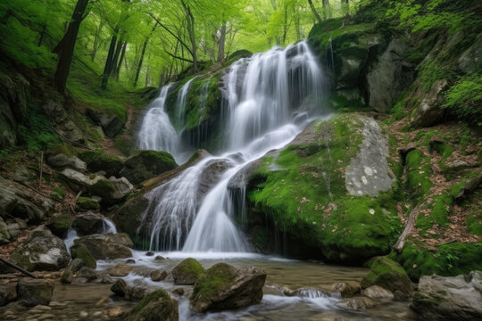 Waterfall in the dense forest in the mountains.