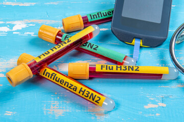 vacuum tube for blood collection written FLU H3N2 in reference to the flu type