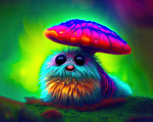 fuzzy psychedelic caterpillar sitting on a mushroom 