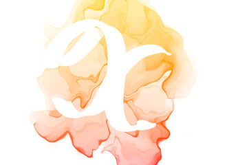 Alcohol ink effect with handwritten letters. Watercolor effect in yellow, orange and red colors.