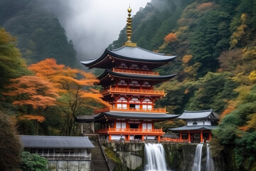 Naklejka premium When the seasons change in autumn, Kumano Nachi Taisha Shrine and the waterfalls form a beautiful contrast.