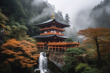 Naklejka premium When the seasons change in autumn, Kumano Nachi Taisha Shrine and the waterfalls form a beautiful contrast.