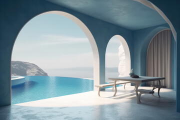 Obraz na płótnie Canvas Interior design of empty space, round window with curtains, concrete blue wall, swimming pool with loungers, sea view at sunrise and sunset.