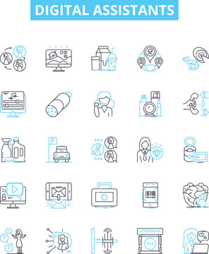 Digital assistants vector line icons set. AI, Chatbot, Cortana, Alexa, Siri, Assistant, Digital illustration outline concept symbols and signs
