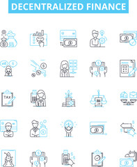 Decentralized finance vector line icons set. DeFi, Blockchain, Crypto, Smart Contracts, Distributed Ledger, Digital Currencies, Cryptocurrency illustration outline concept symbols and signs - obrazy, fototapety, plakaty