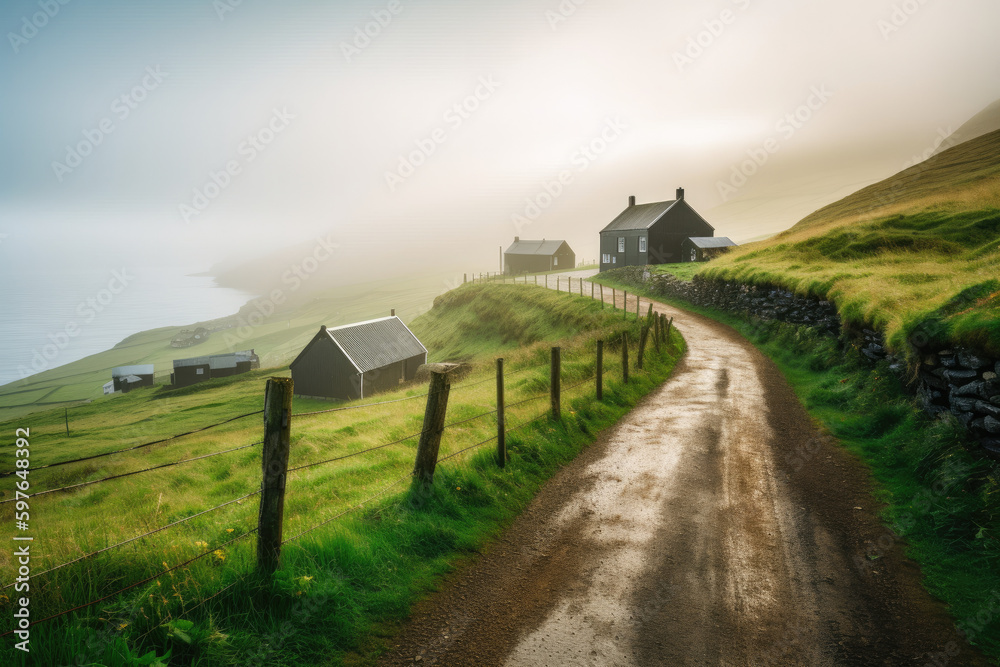 Wall mural Charming morning landscape with old country roads in European countryside.