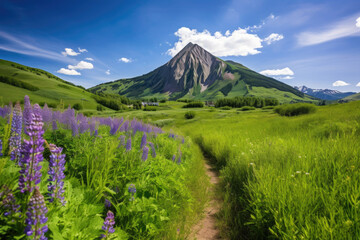 Fototapeta premium Wide angle foreground of green grass and purple blue lupine flowers in Colorado summer background