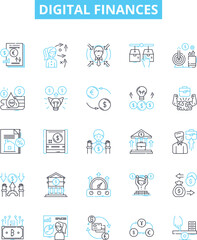 Digital finances vector line icons set. Digital, finances, banking, payments, online, accounts, debit illustration outline concept symbols and signs