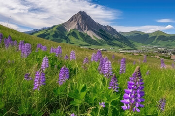 Obraz premium Wide angle foreground of green grass and purple blue lupine flowers in Colorado summer background