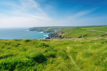 Landscape of the green rural Cornish hillside meadow and the turquoise sea Cornwall England UK