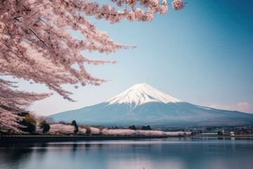 Cherry blossoms blooming in spring at Lake Kawaguchi, Japan and Mount Fuji in the distance