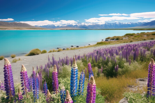 View of a lupine field by Lake Tekapo, New Zealand.