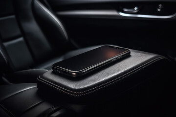 Mobile phone on the leather seat of a car.