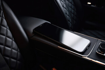 Mobile phone on the leather seat of a car.