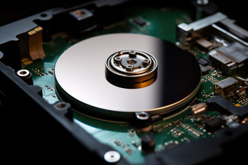 Macro shot of an opened hard drive.