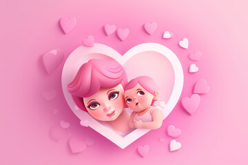 Heart pattern of mother hugging baby on pink background for Mother's Day.