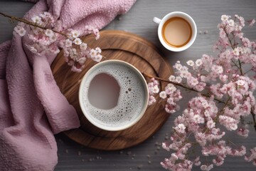 Fototapeta na wymiar Cup of coffee and sakura flowers on wooden background, top view. Generative AI