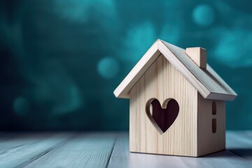 Obraz na płótnie Canvas Wooden toy house with heart shape on blue background. Valentine's day concept. Generative AI