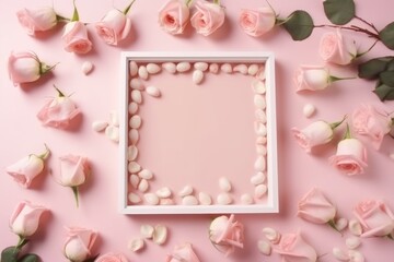 Fototapeta na wymiar Flowers composition. Frame made of rose flowers on pastel pink background. Flat lay, top view, copy space. Generative AI