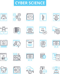 Cyber science vector line icons set. Cybernetics, Cybercrime, Cryptology, Cybersecurity, Robotics, Algorithms, Networking illustration outline concept symbols and signs