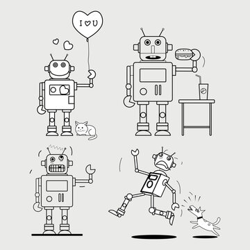  Set of cute cartoon robot character icon line art vector illustration. Isolated on white background.