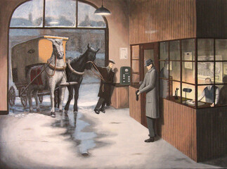Vintage 1920s scene of delivery horses returning to the warehouse as a winter night closes in.