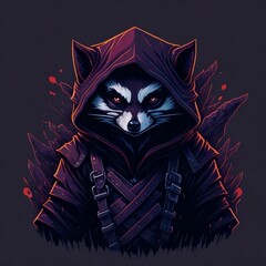 Dark and Gothic Evil Ninja Raccoon with Magic Splash T-Shirt Design in Detailed Illustration