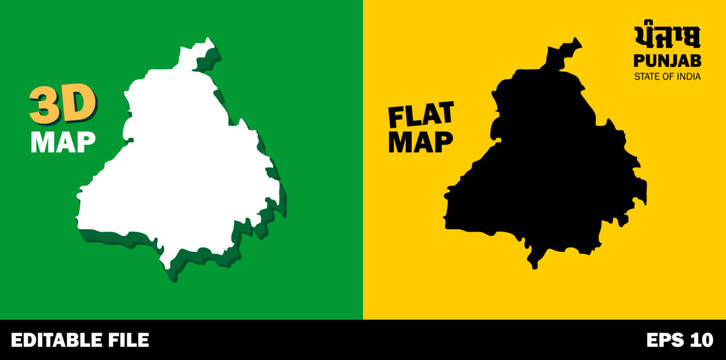 Punjab 3d Map, Flat Map of Panjab, Indian State Map, Punjabi, Easy to use Editable vector EPS10, High detailed silhouette illustration.