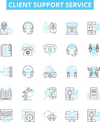 Client support service vector line icons set. Helpdesk, Service, Support, Client, Assistance, Advisory, Management illustration outline concept symbols and signs