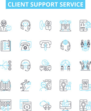 Client support service vector line icons set. Helpdesk, Service, Support, Client, Assistance, Advisory, Management illustration outline concept symbols and signs