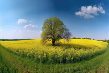 Panoramic view of spring grass and oak trees in canola field under blue sky