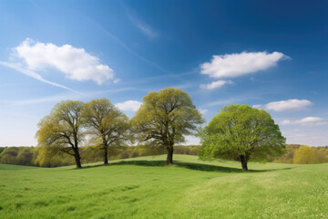 Fototapeta na wymiar Oak Trees in Gree Field Springtime Landscape under Blue Sky 