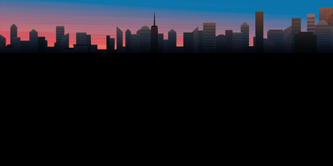 Skyscrapers in sunset vector illustration have blank space. Buildings silhouette against the sky in sunset flat design.