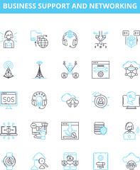 Business support and networking vector line icons set. Networking, Business, Connectivity, Support, Facilitation, Relationships, Alliance illustration outline concept symbols and signs