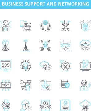 Business support and networking vector line icons set. Networking, Business, Connectivity, Support, Facilitation, Relationships, Alliance illustration outline concept symbols and signs