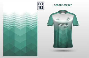 Green white t-shirt sport design template with geometric triangles pattern for soccer jersey. Sport uniform in front view. Shirt mock up for sport club. Vector Illustration	 - obrazy, fototapety, plakaty