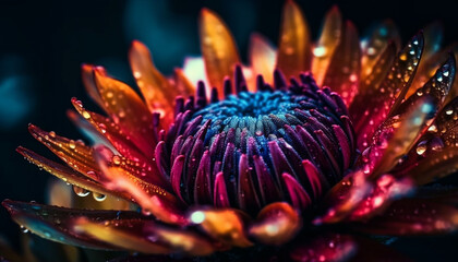 Vibrant lotus water lily in dark pond generated by AI
