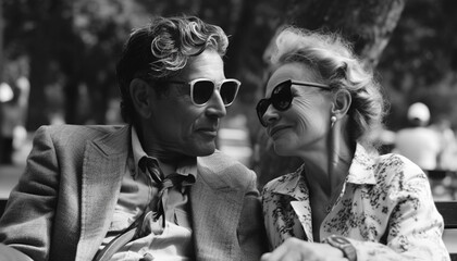 Smiling newlywed couple embracing outdoors in summer generated by AI