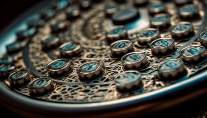 Metallic machinery parts arranged in abstract pattern generated by AI